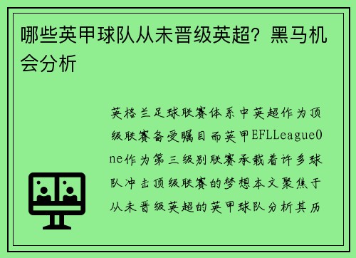 哪些英甲球队从未晋级英超?黑马机会分析
