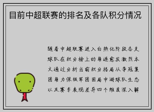 目前中超联赛的排名及各队积分情况