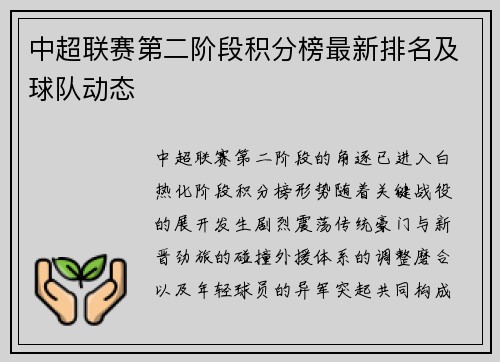 中超联赛第二阶段积分榜最新排名及球队动态