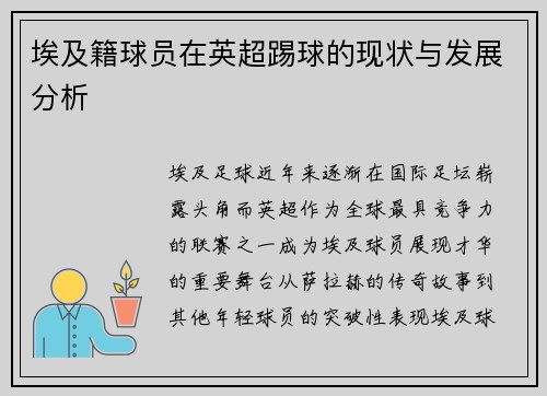 埃及籍球员在英超踢球的现状与发展分析